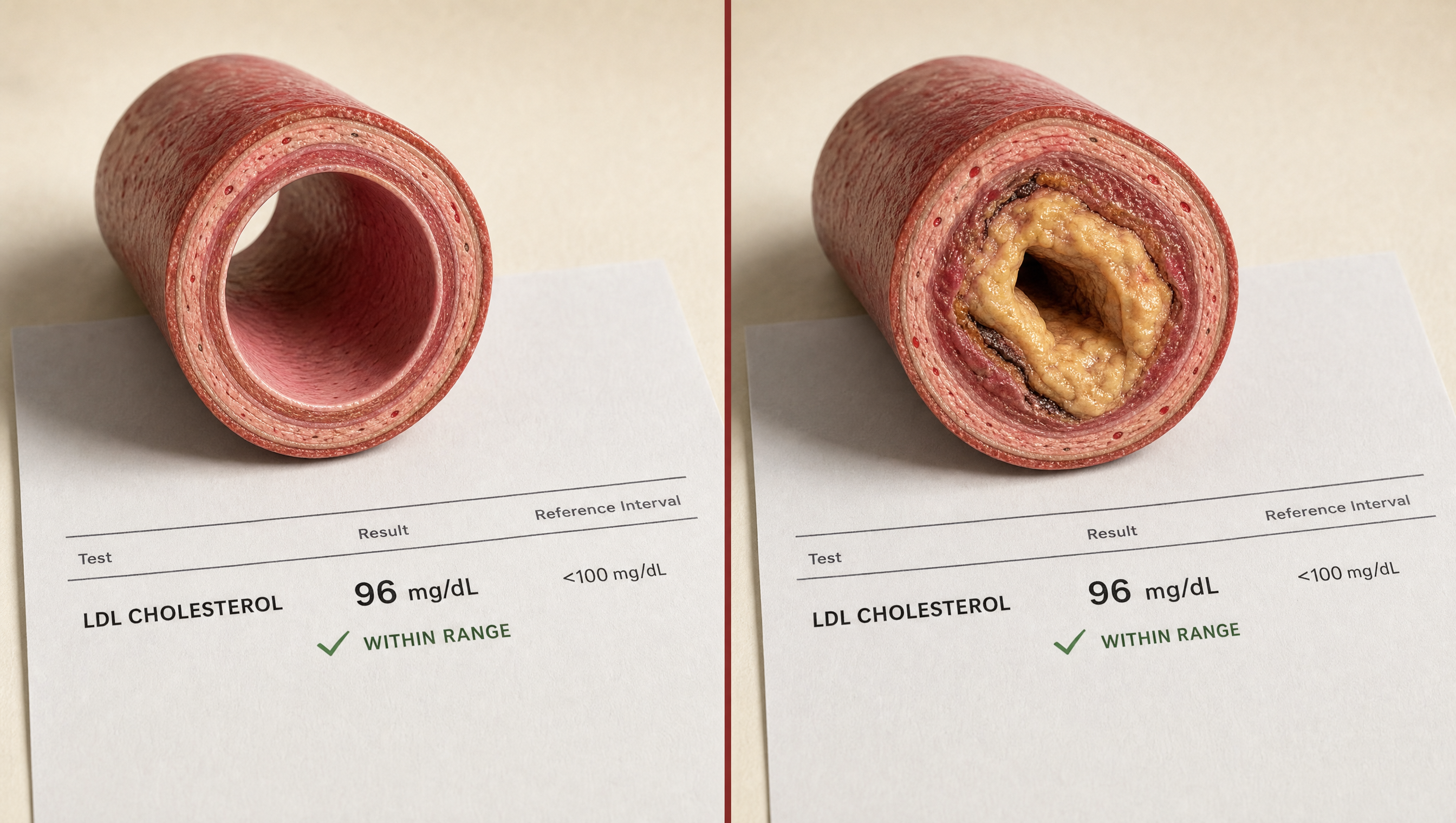 Two cross-sections of coronary arteries side by side, one clear and one heavily narrowed by plaque, both labelled with the same LDL value.