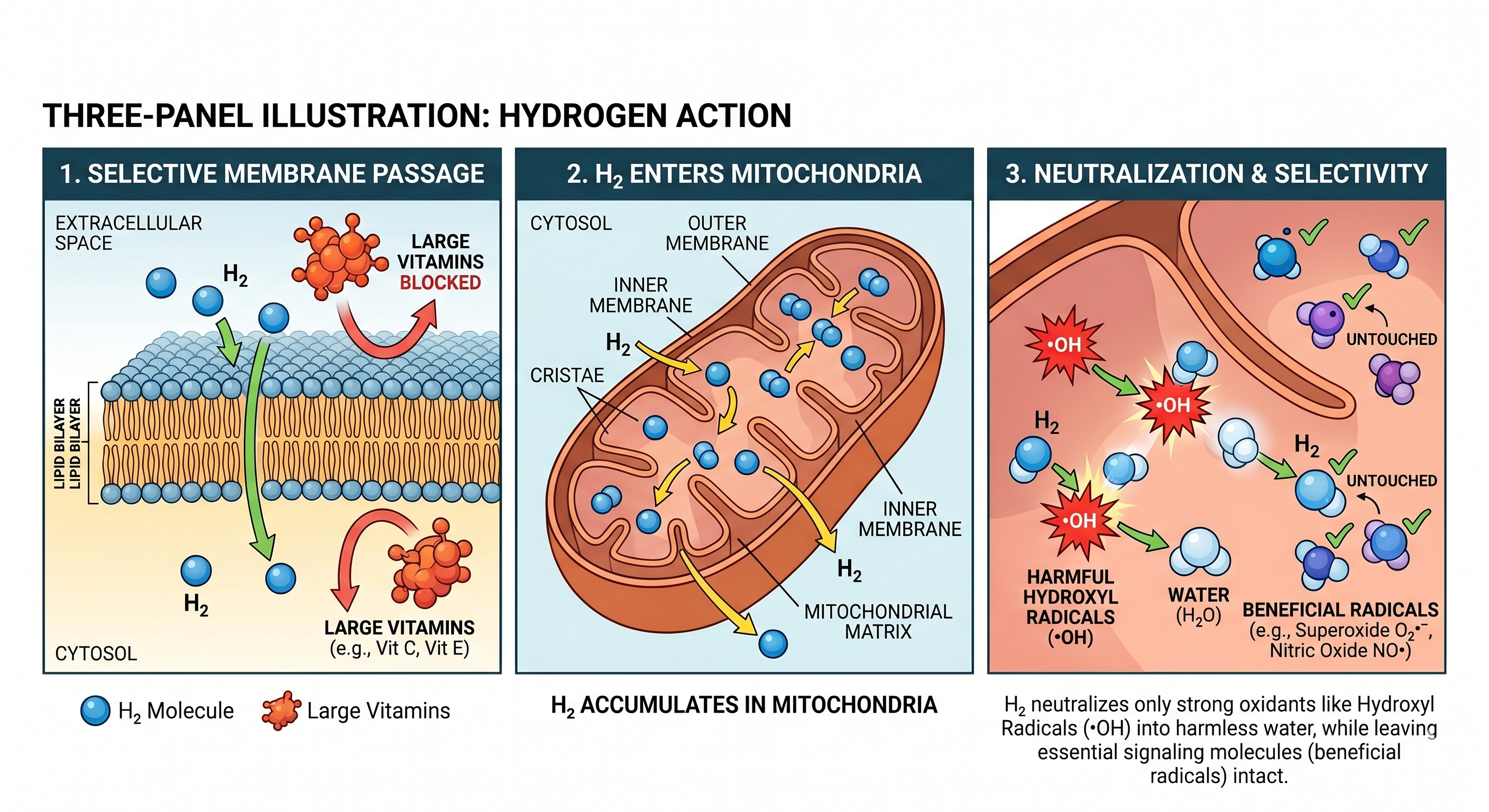 Three-panel illustration of hydrogen action: selective membrane passage while large antioxidants are blocked; H2 accumulating inside the cell; H2 converting harmful hydroxyl radicals to water while leaving beneficial radicals untouched.