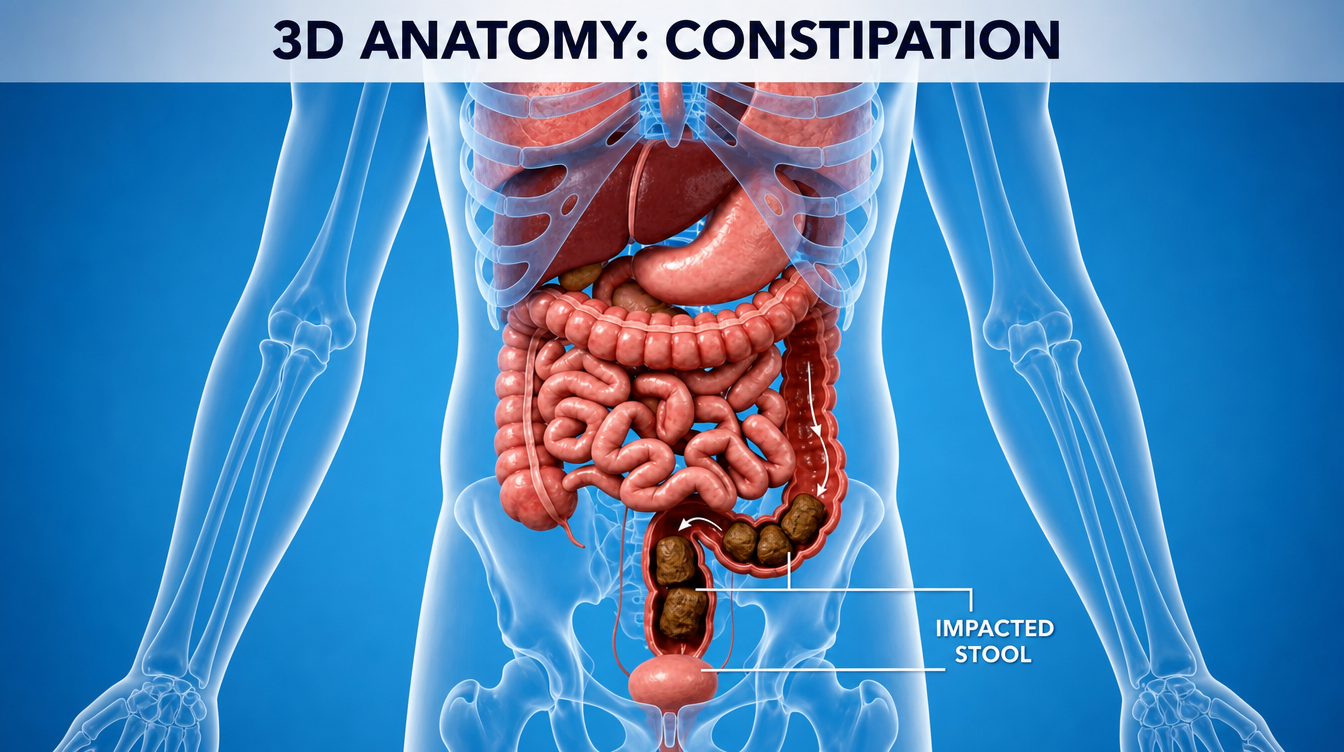 3D anatomical illustration of the abdomen showing the colon with impacted stool labelled.