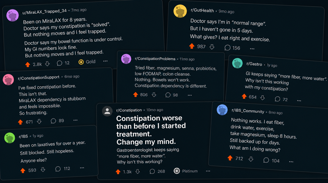 A grid of forum posts from long-term laxative users describing dependency.