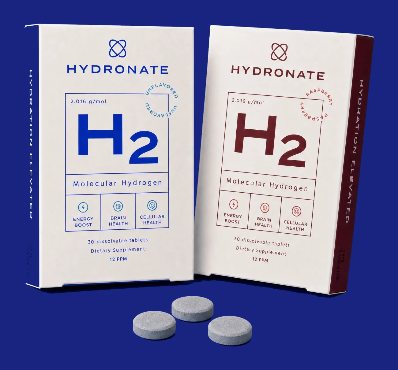 Hydronate Unflavored and Raspberry cartons with tablets