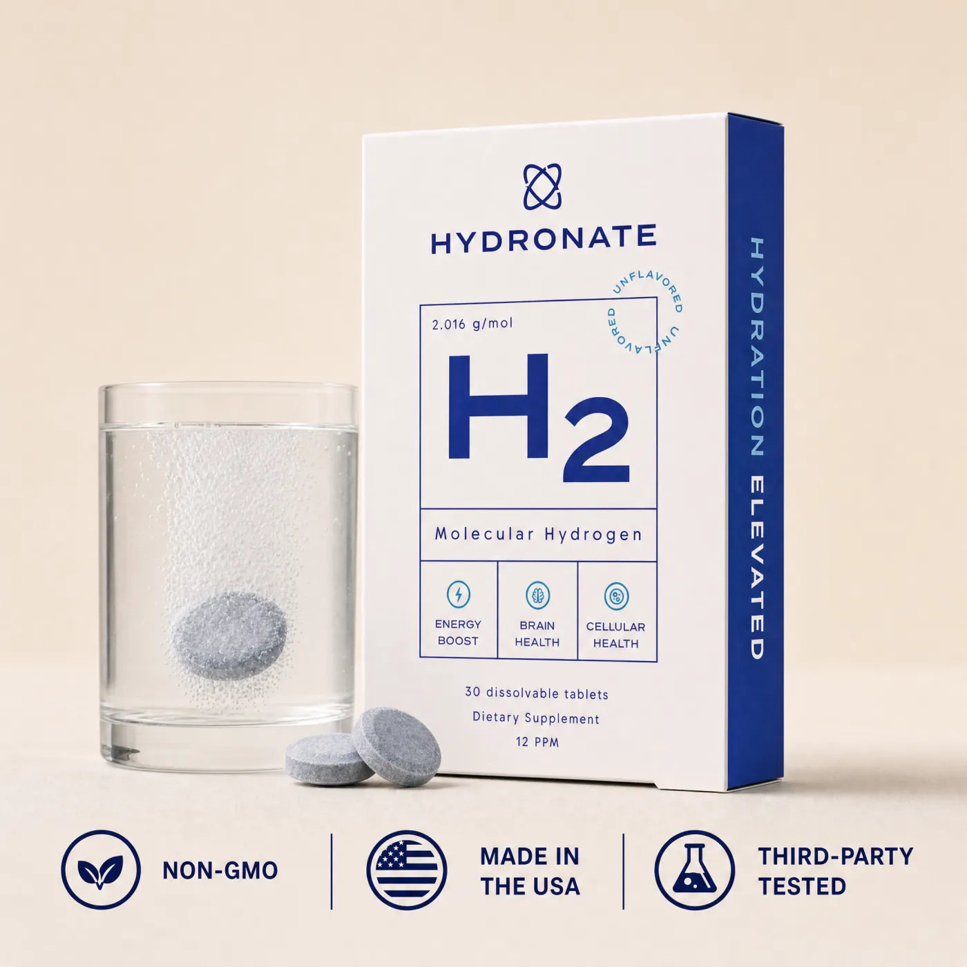Hydronate Unflavored carton beside a glass of hydrogen water