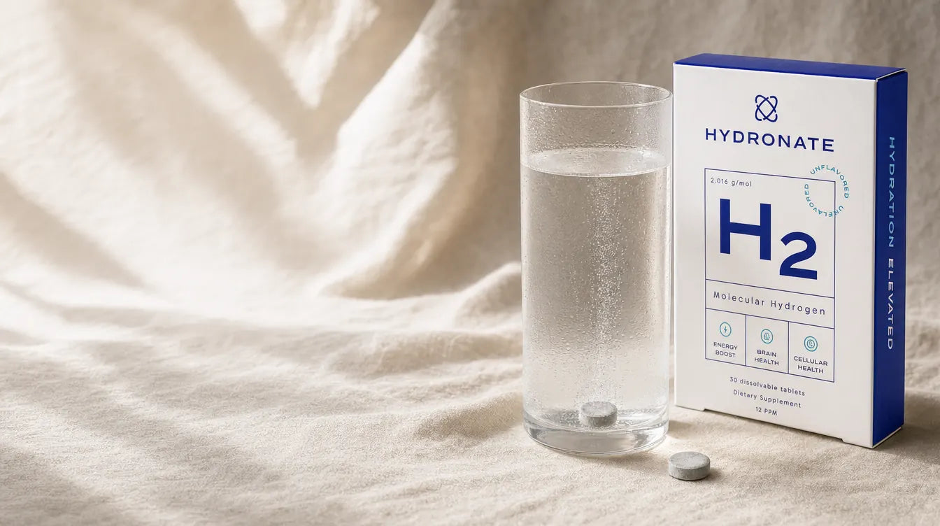 Hydronate tablet fizzing in a glass of water beside the carton
