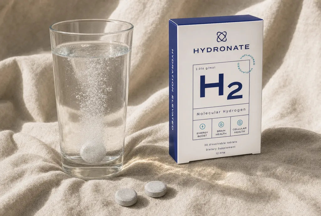 Hydronate tablet fizzing in a glass of water beside the carton
