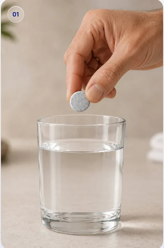 A Hydronate tablet dropping into a glass of water