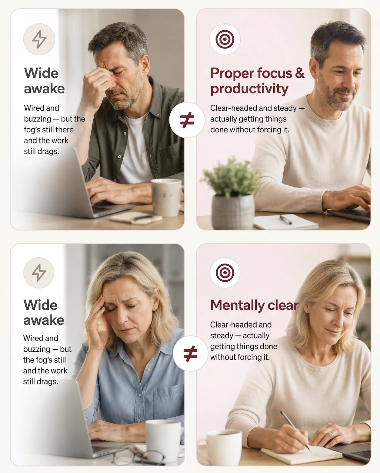 Wide awake but foggy versus mentally clear and focused