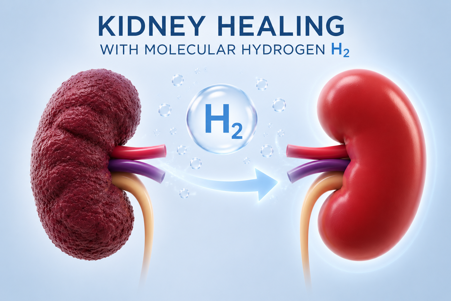 Kidney Healing With Molecular Hydrogen H₂: a scarred, damaged kidney on the left, an arrow with an H₂ bubble in the centre, and a smooth, healthy kidney on the right