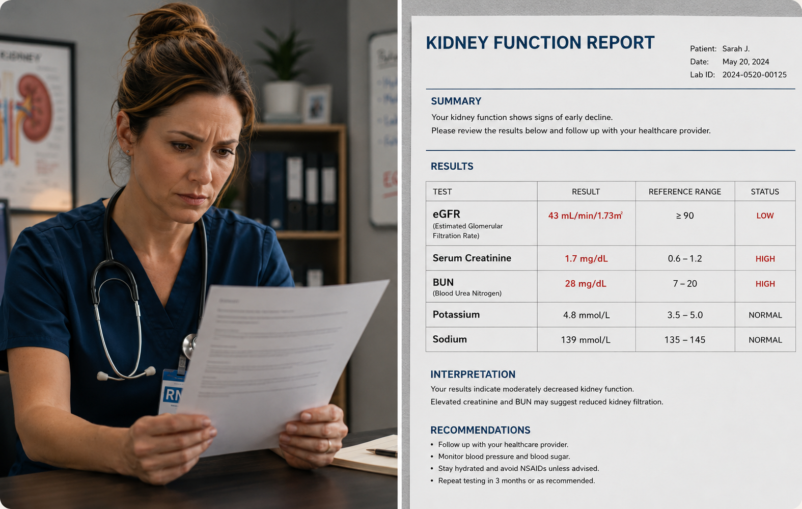 A nephrology nurse in scrubs reading a paper lab report at her desk, beside a Kidney Function Report showing eGFR 43 (low), serum creatinine 1.7 (high), and BUN 28 (high)
