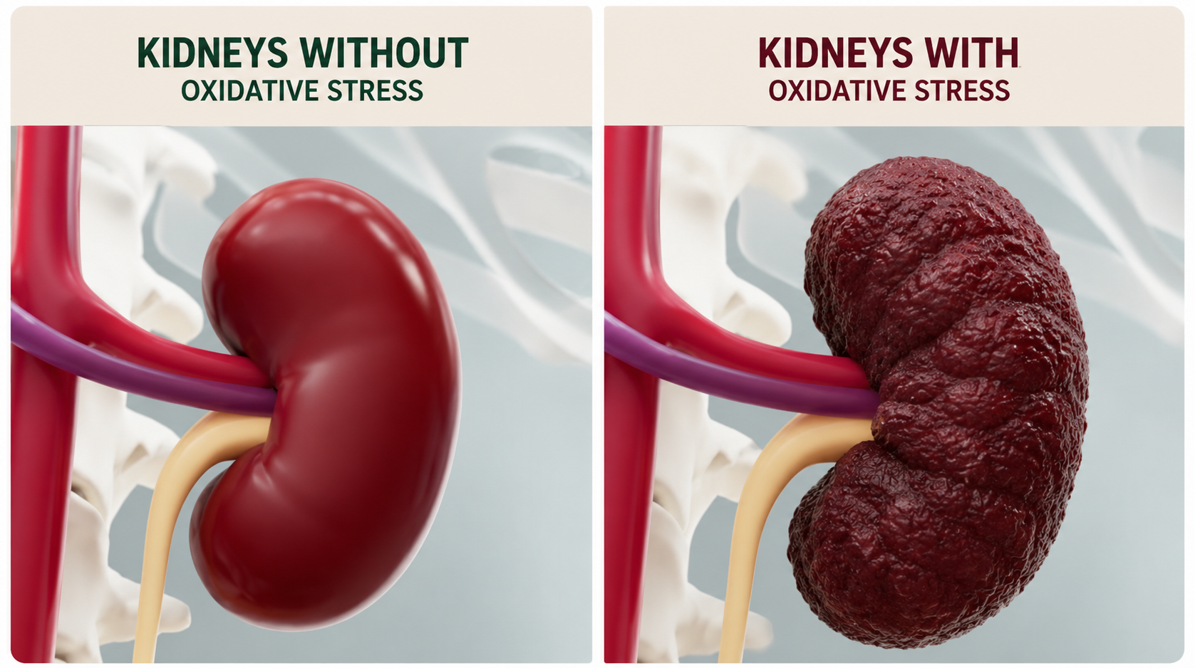 Side-by-side comparison: a smooth, healthy kidney labelled 'Kidneys Without Oxidative Stress' beside a shrunken, scarred kidney labelled 'Kidneys With Oxidative Stress'