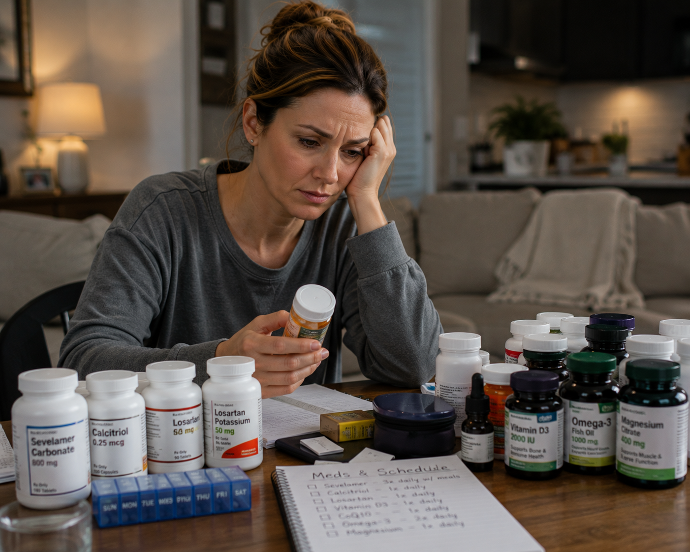 A woman at her kitchen table studying a pill bottle, surrounded by prescription bottles, supplements, a weekly pill organizer, and a handwritten 'Meds & Schedule' notebook