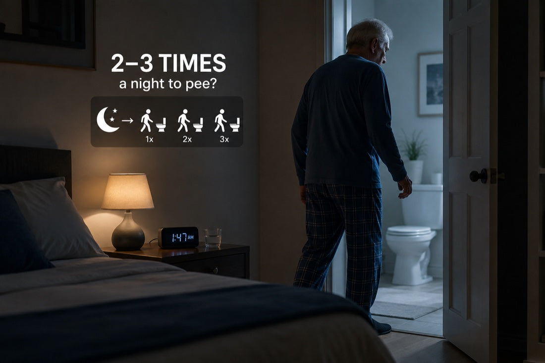 An older man walking to the bathroom at 1:47 AM, with a graphic showing one, two, and three trips a night