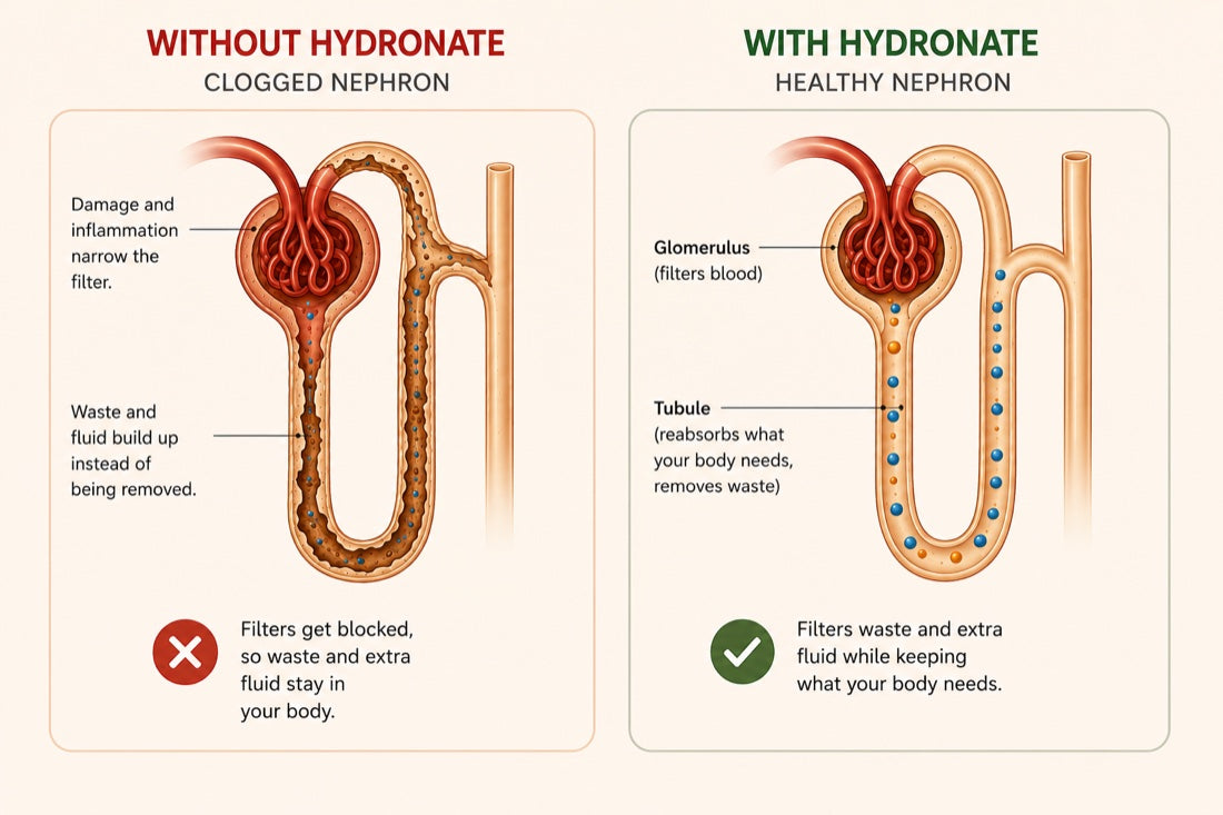 Diagram comparing a clogged nephron, where damage narrows the filter and waste builds up, with a healthy nephron that filters waste while keeping what the body needs
