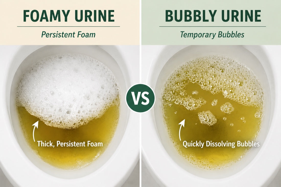 Foamy urine with thick persistent foam versus bubbly urine with quickly dissolving bubbles