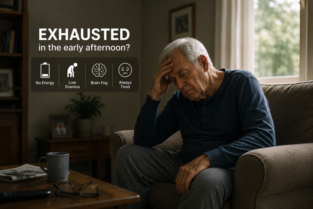 An older man exhausted on the sofa in the early afternoon, with labels for no energy, low stamina, brain fog, and always tired