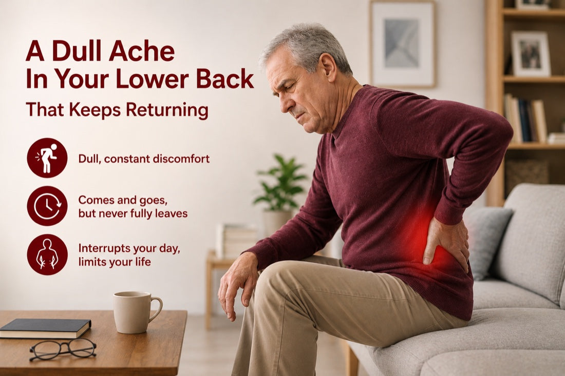 An older man holding his lower back, with labels for dull constant discomfort, comes and goes but never fully leaves, and interrupts your day