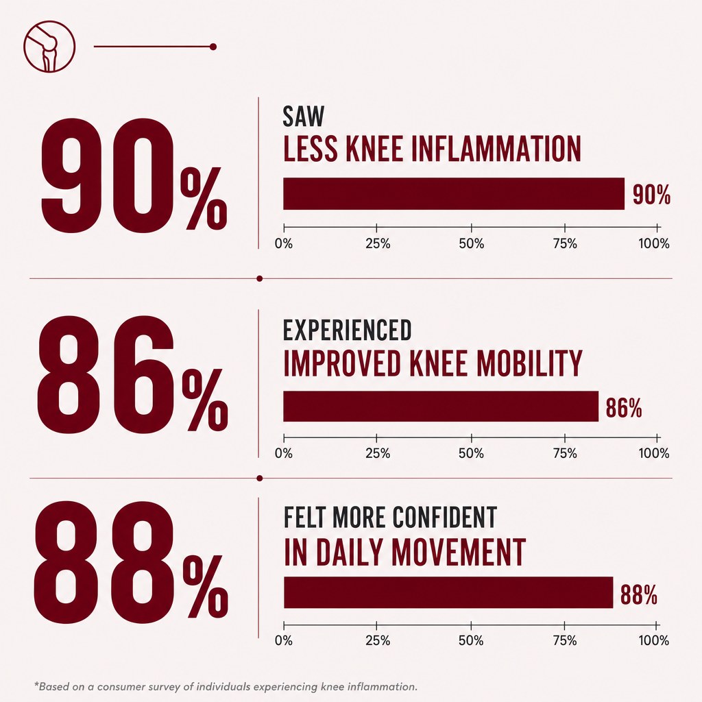 90% saw less knee inflammation, 86% improved knee mobility, 88% felt more confident in daily movement