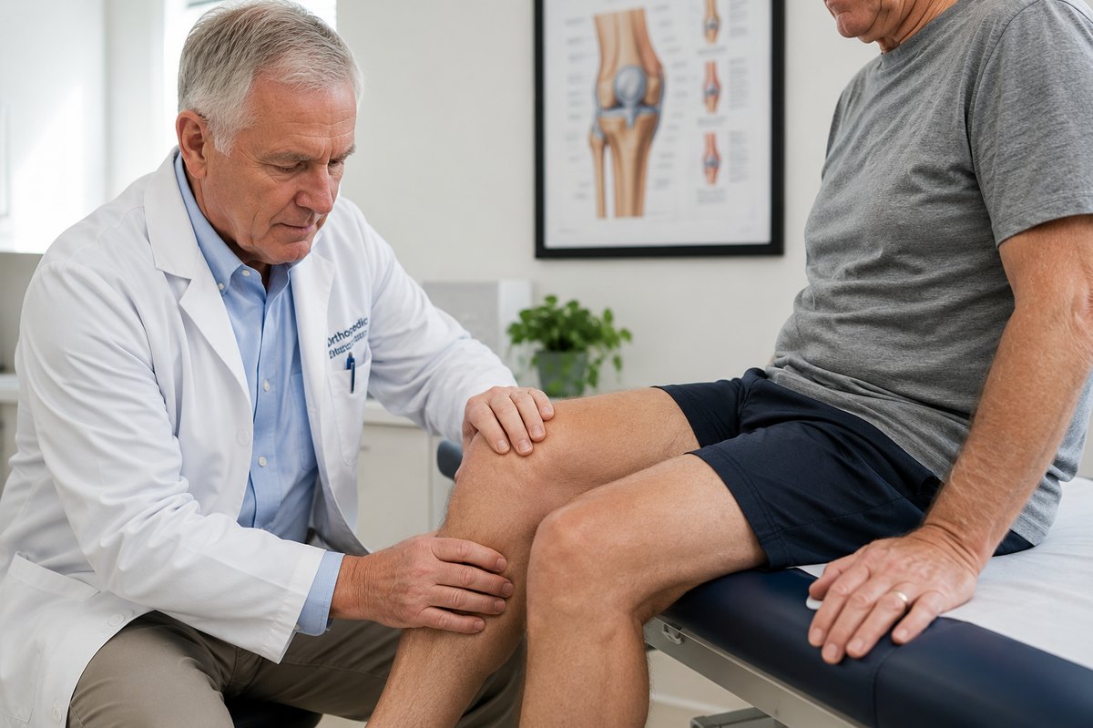 Doctor examining a patient's knee in a clinic