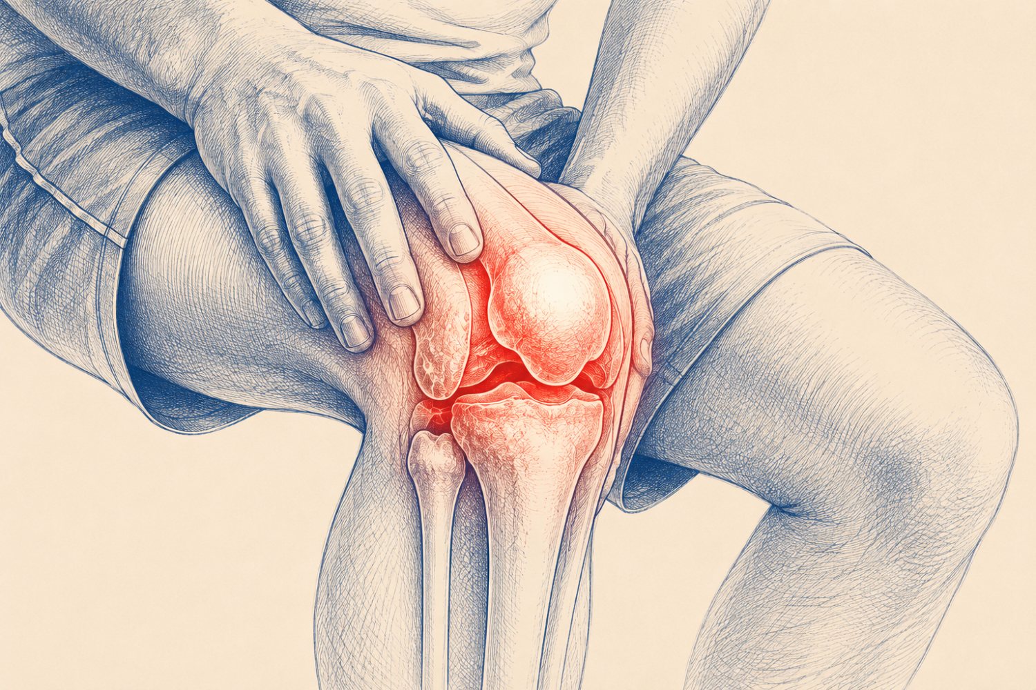 Illustration of a hand holding an aching knee, joint highlighted