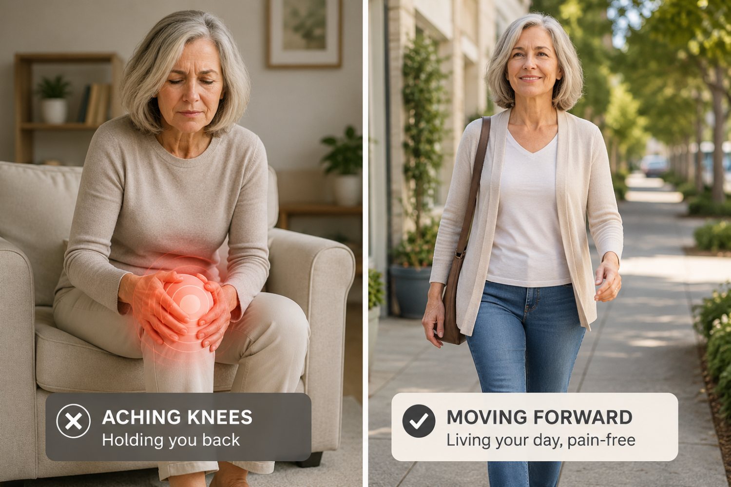 Left: sitting on a sofa holding an aching knee. Right: walking outdoors, moving comfortably.