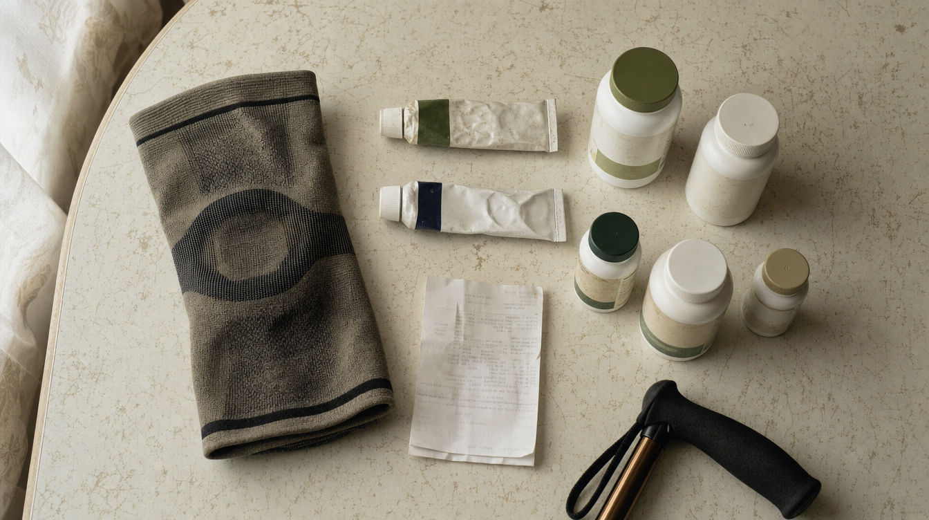 A knee sleeve, tubes of pain gel, five supplement bottles, a pharmacy receipt and a walking stick laid out on a table.