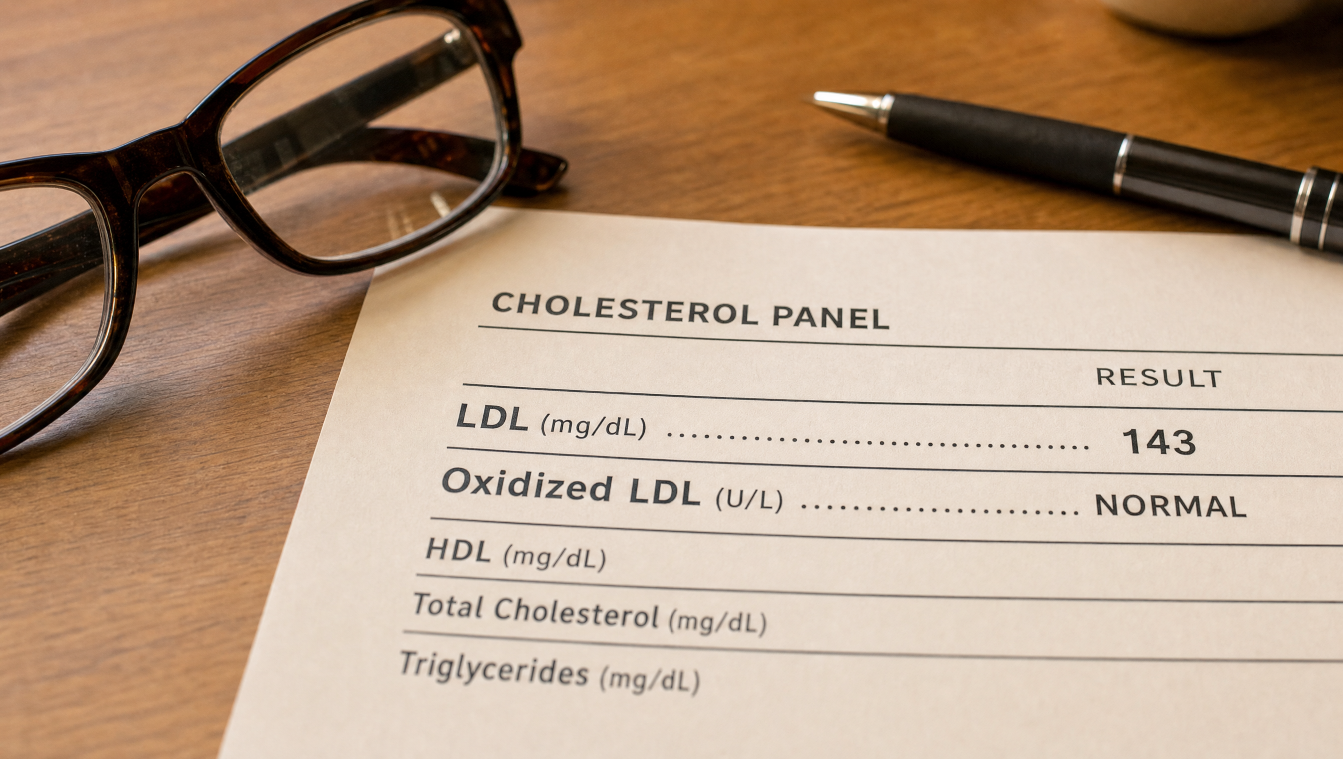 A standard lipid panel printout showing total cholesterol, LDL, HDL and triglycerides, all marked within range.