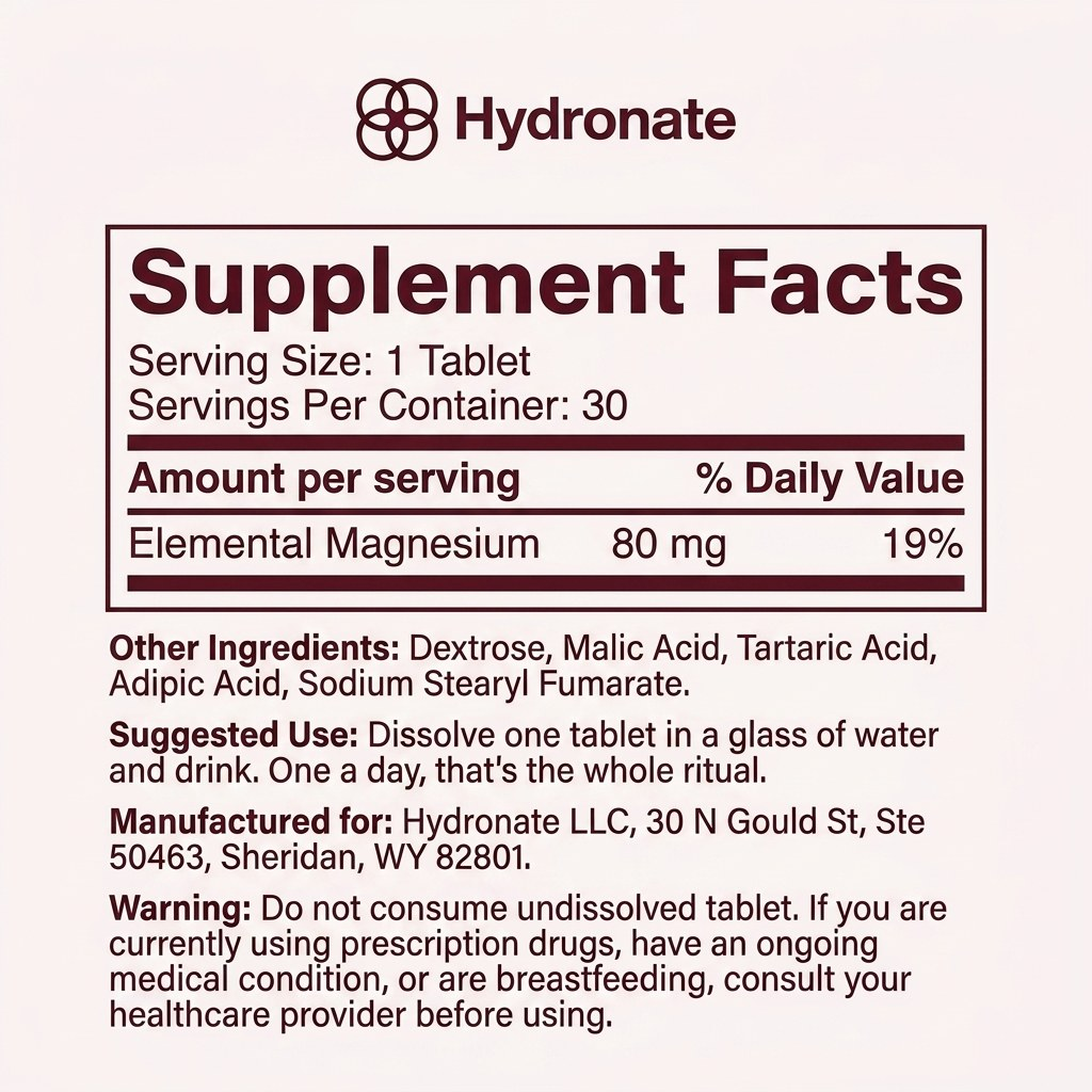 Hydronate Supplement Facts panel: one tablet per serving, 30 servings per container, 80mg elemental magnesium, and directions to dissolve one tablet in a glass of water.
