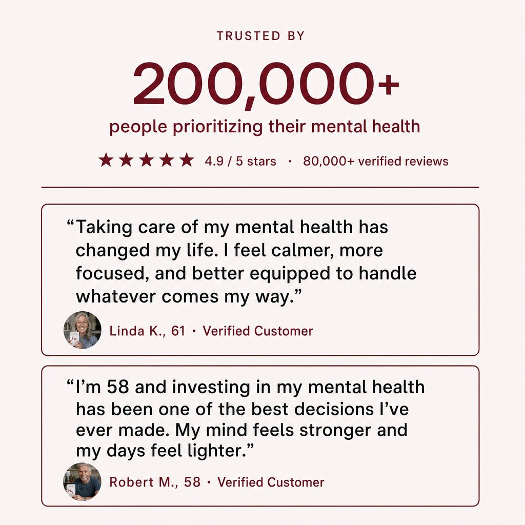 Trusted by 200,000+ people prioritising their mental health, 4.9 out of 5 stars, with two verified customer quotes.
