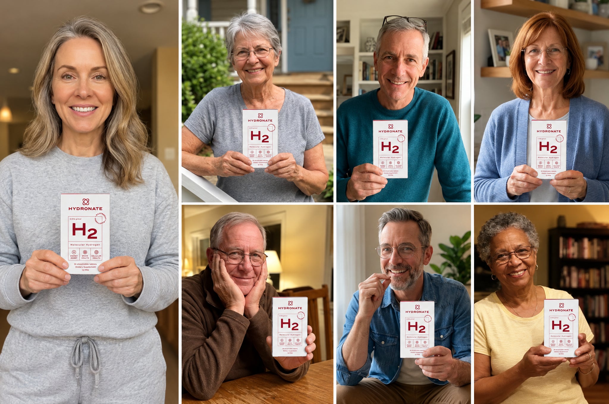 Seven adults in their fifties to seventies at home, each holding a box of Hydronate.