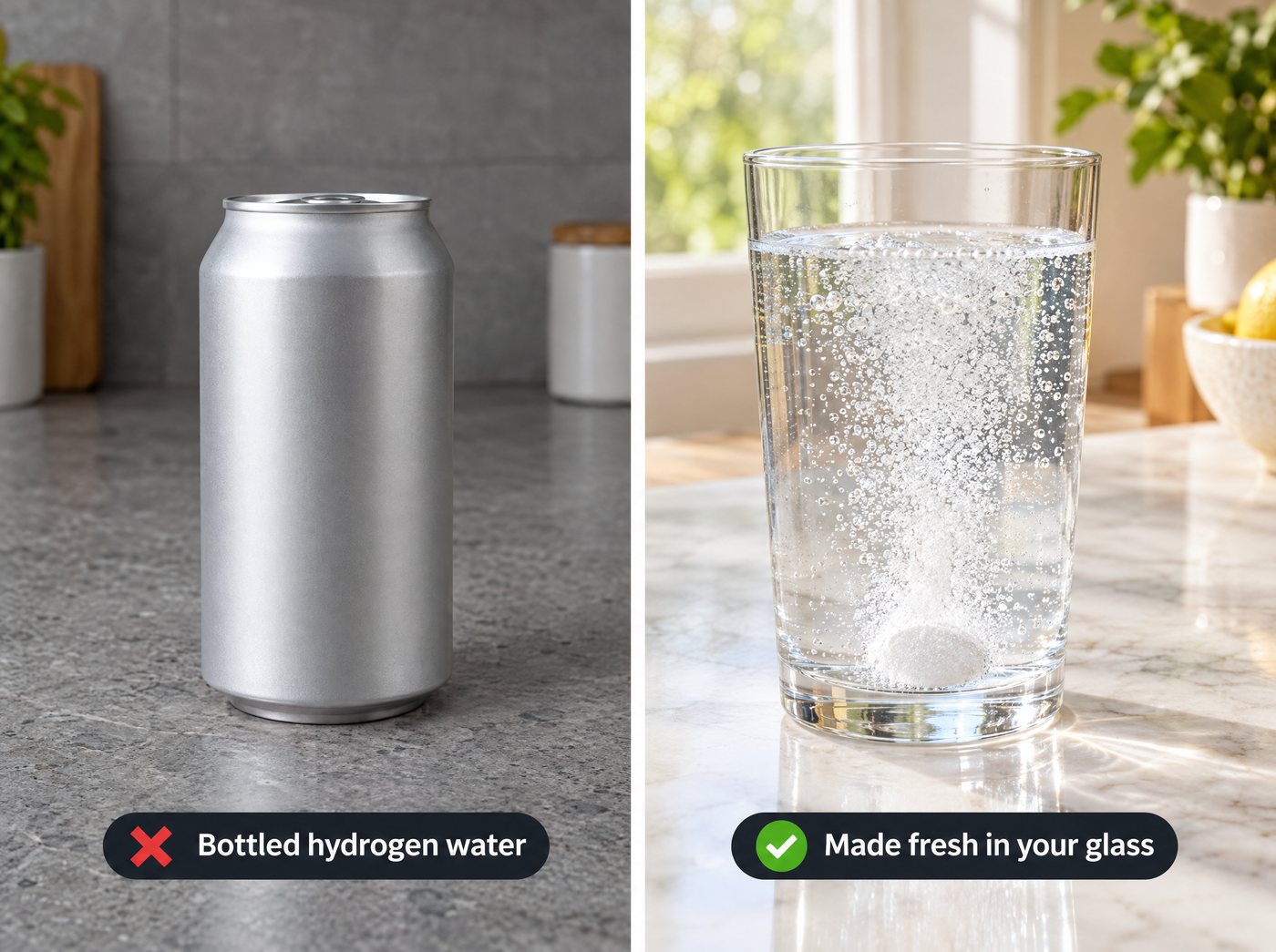 Left: a plain can labelled bottled hydrogen water. Right: a tablet fizzing in a glass, labelled made fresh in your glass.
