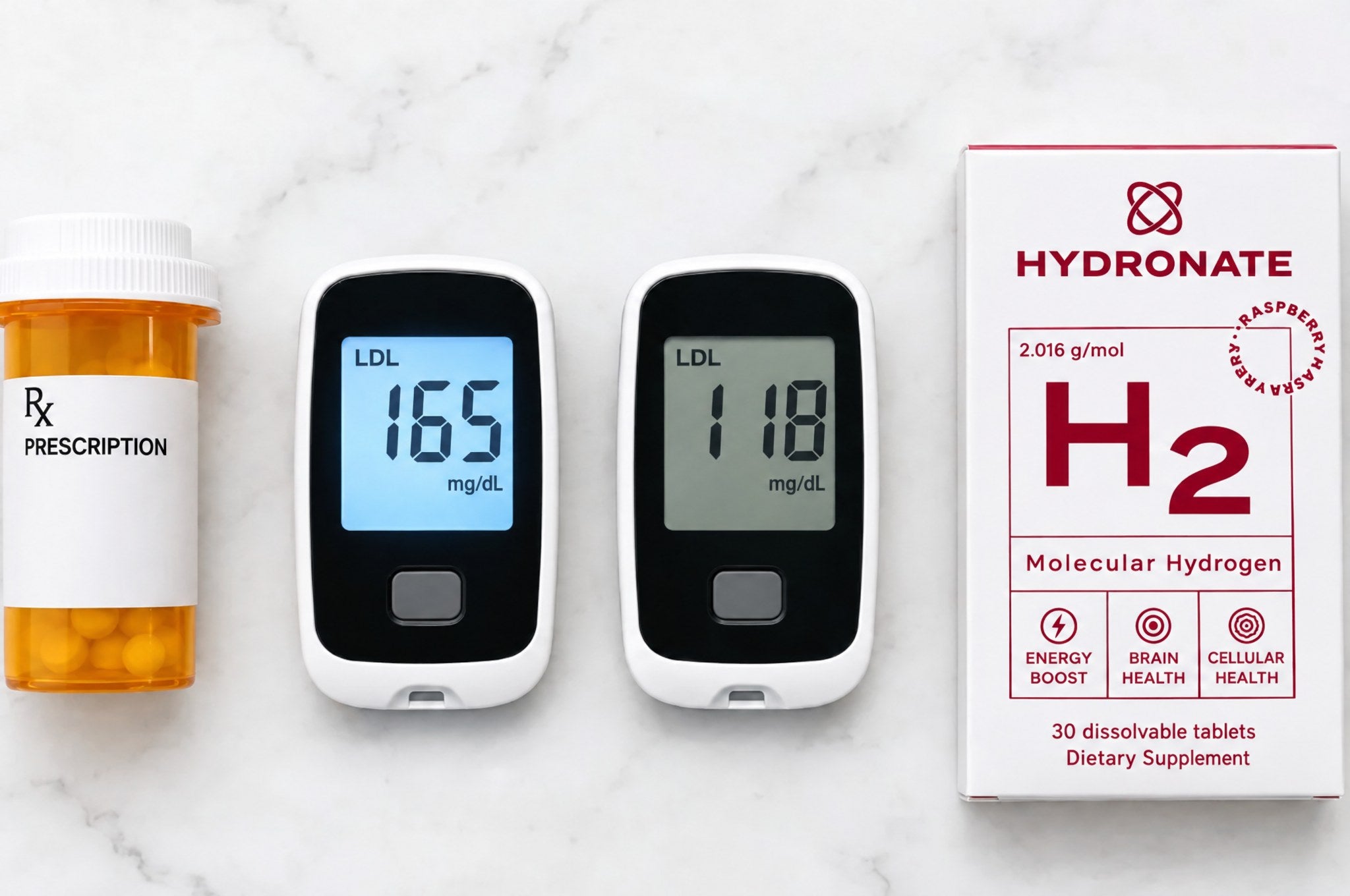 A prescription bottle, two home cholesterol meters reading LDL 165 and LDL 118 mg/dL, and a box of Hydronate on a marble counter.