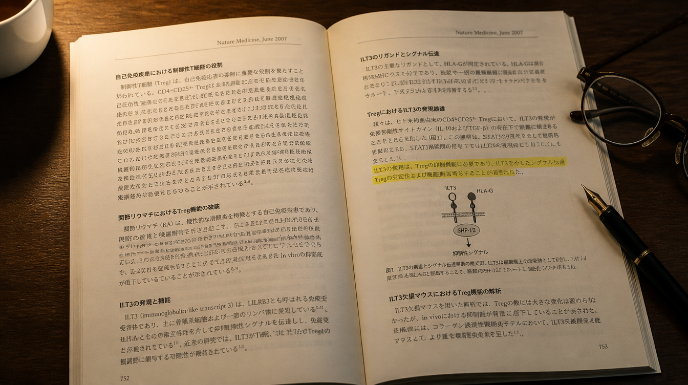 A Japanese medical journal open on a walnut desk with one passage highlighted in yellow.