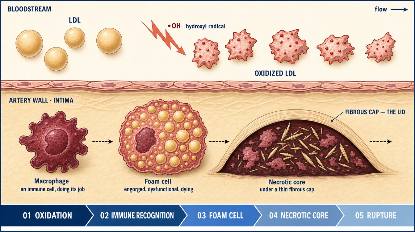 Diagram of the foam cell cascade inside an artery wall: intact LDL particles in the bloodstream are struck by a hydroxyl radical and become oxidized; below the endothelium a macrophage consumes them, swells into a lipid-filled foam cell, and dies into a dark necrotic core under a thin fibrous cap. Stage rail: oxidation, immune recognition, foam cell, necrotic core, rupture.