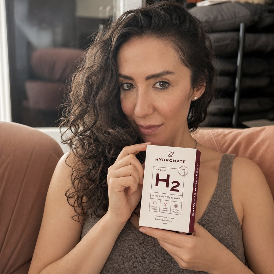 Customer holding a Hydronate H2 molecular hydrogen box on her sofa.