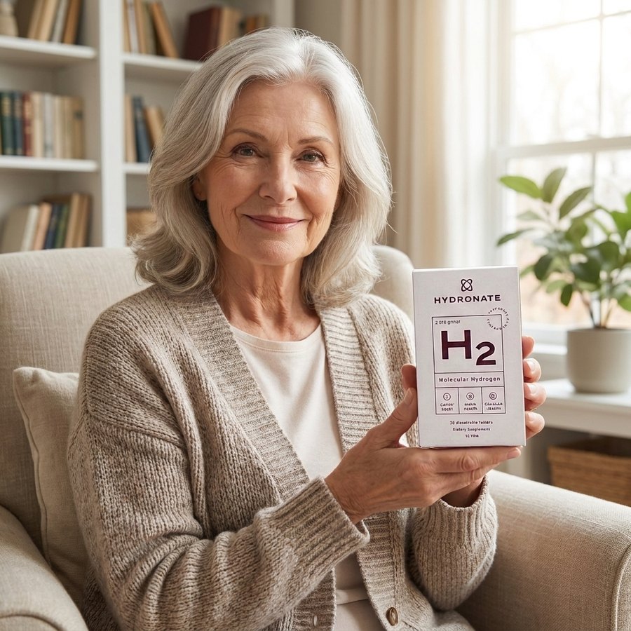 Customer holding a Hydronate H2 box in an armchair at home.