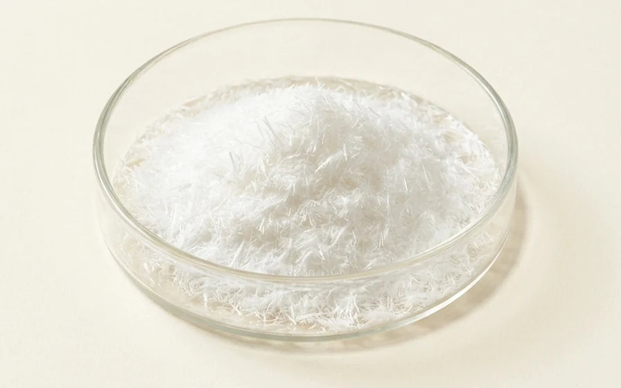 Adipic acid powder in a glass dish
