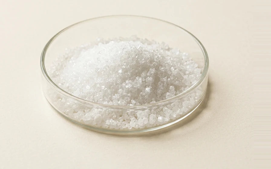 Malic acid powder in a glass dish
