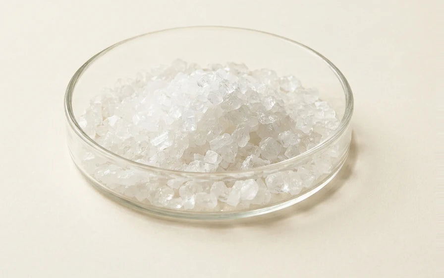 Tartaric acid powder in a glass dish