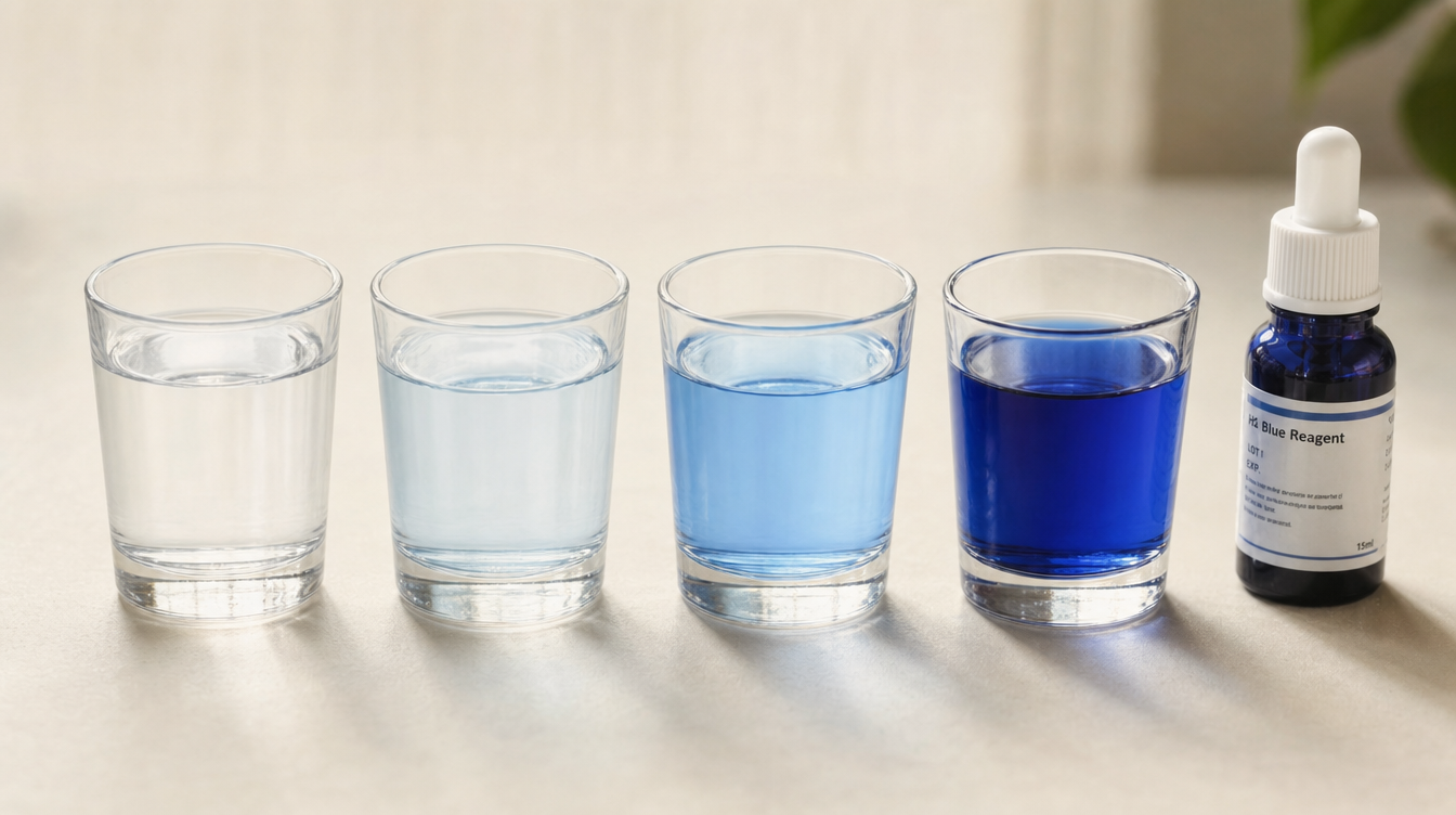 Four glasses of water tested with H2 Blue reagent, left to right progressively darker blue, with a reagent dropper bottle beside them.