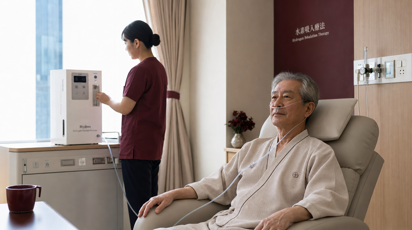 An older man in a robe receiving hydrogen inhalation therapy through a nasal cannula in a Japanese hospital room, a nurse adjusting the delivery unit.
