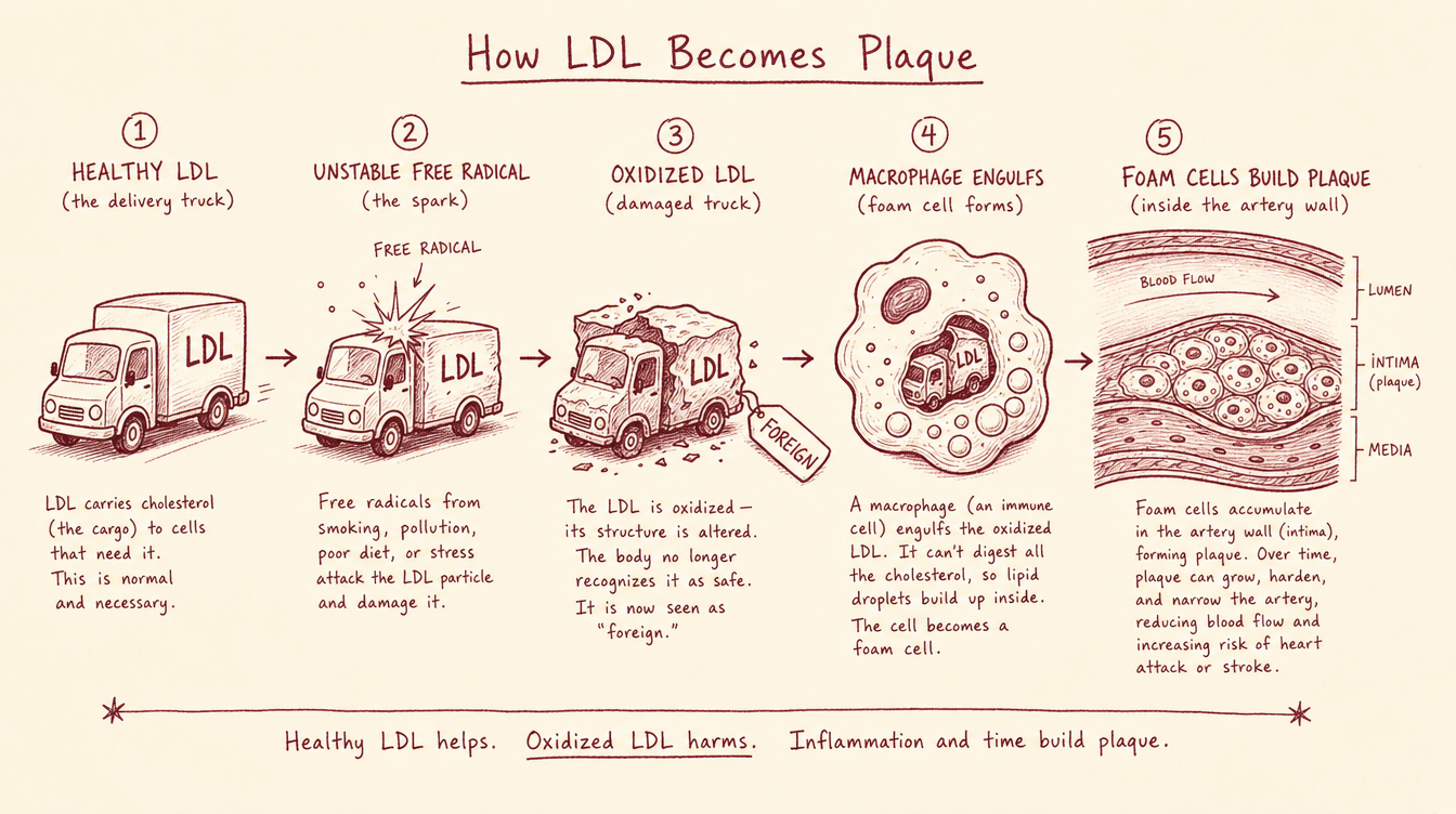 Hand-drawn diagram, How LDL Becomes Plaque: healthy LDL delivery truck, a free radical strike, oxidized LDL tagged foreign, a macrophage foam cell, and foam cells building plaque inside the artery wall.