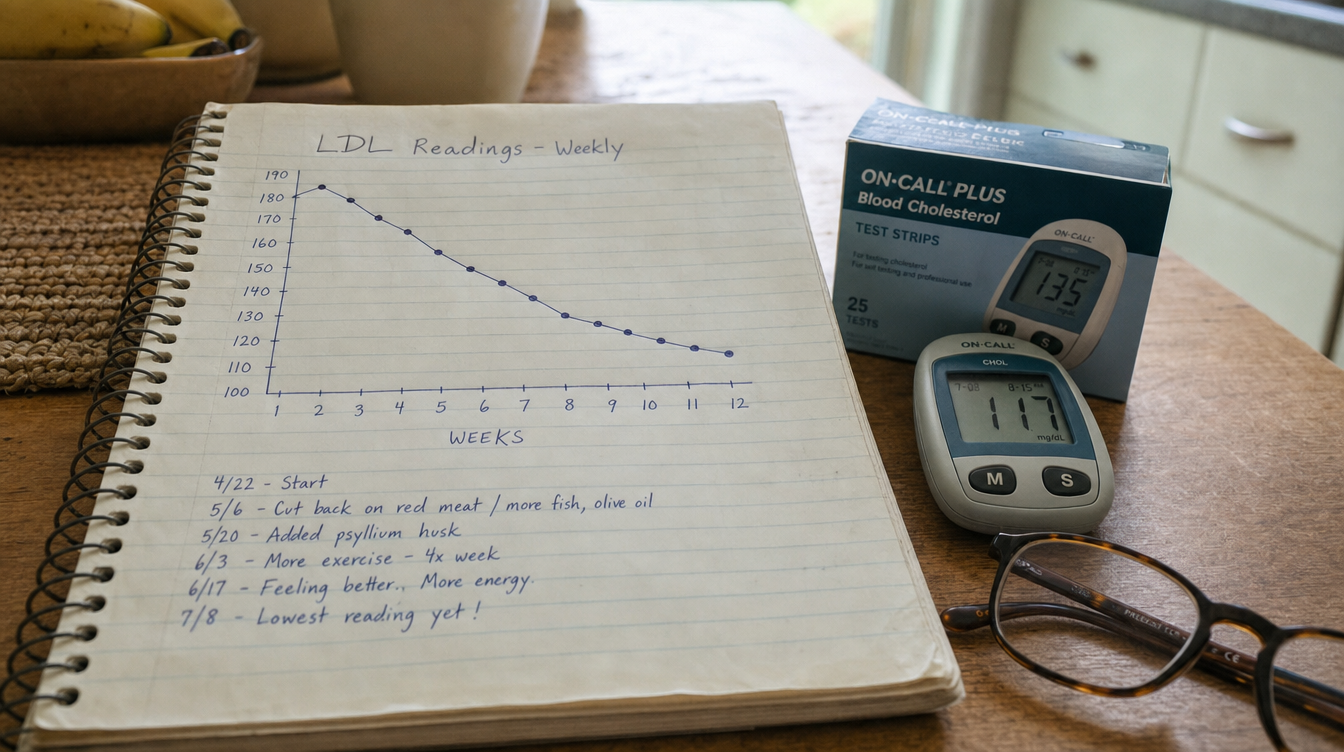 A spiral notebook showing a handwritten LDL Readings Weekly line graph falling from the 180s to the 110s over 12 weeks, beside a blood cholesterol meter reading 117.