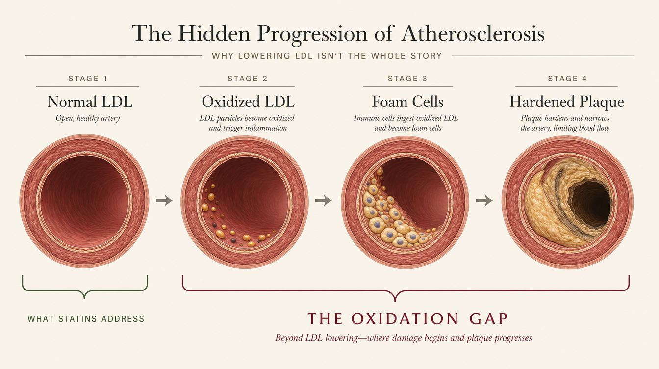 The Hidden Progression of Atherosclerosis: Stage 1 Normal LDL (what statins address) through Stages 2 to 4 — Oxidized LDL, Foam Cells, Hardened Plaque — labelled The Oxidation Gap.