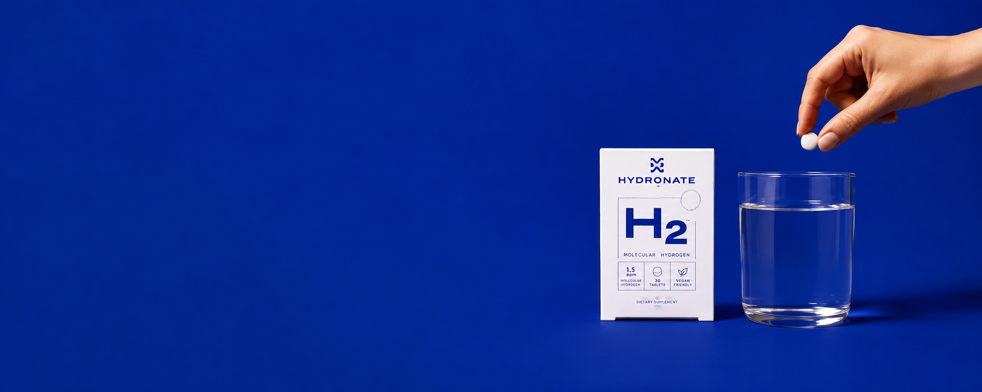 Hydronate tablet, product box and glass of water
