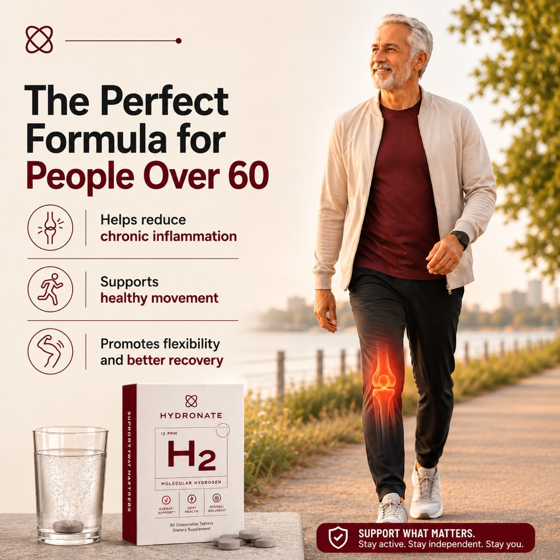 The perfect formula for people over 60: a man walking outdoors with a glowing knee joint overlay, beside the Hydronate H₂ box and a glass of water