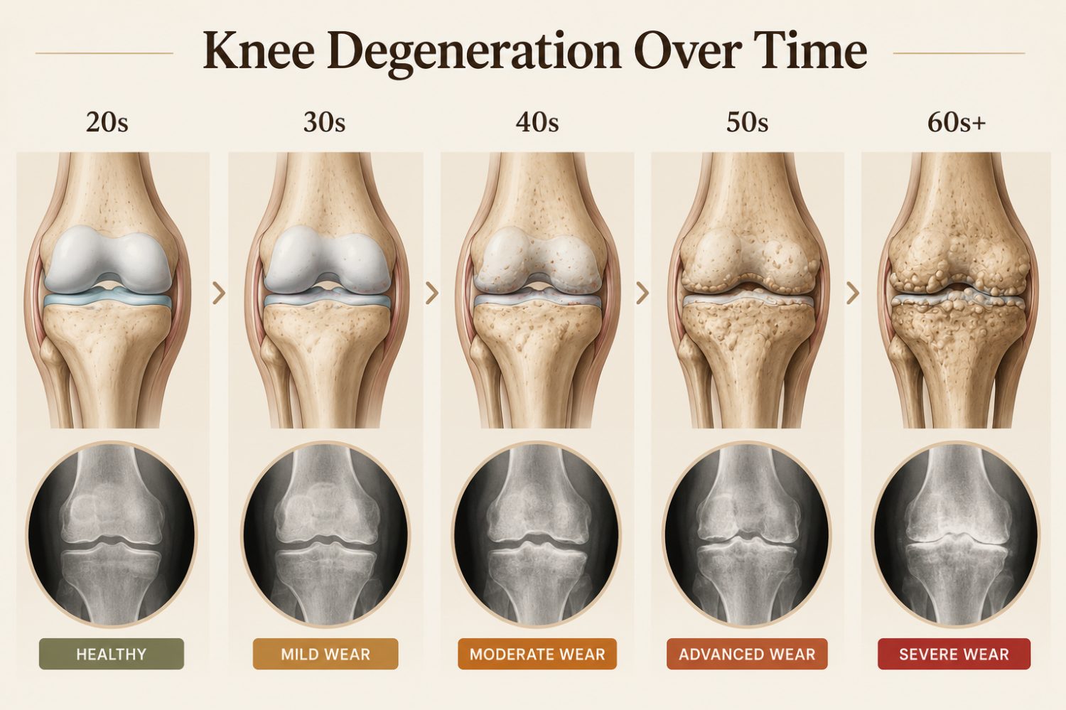 Knee degeneration over time: healthy in the 20s through severe wear at 60+, shown as anatomy illustrations and X-rays by decade
