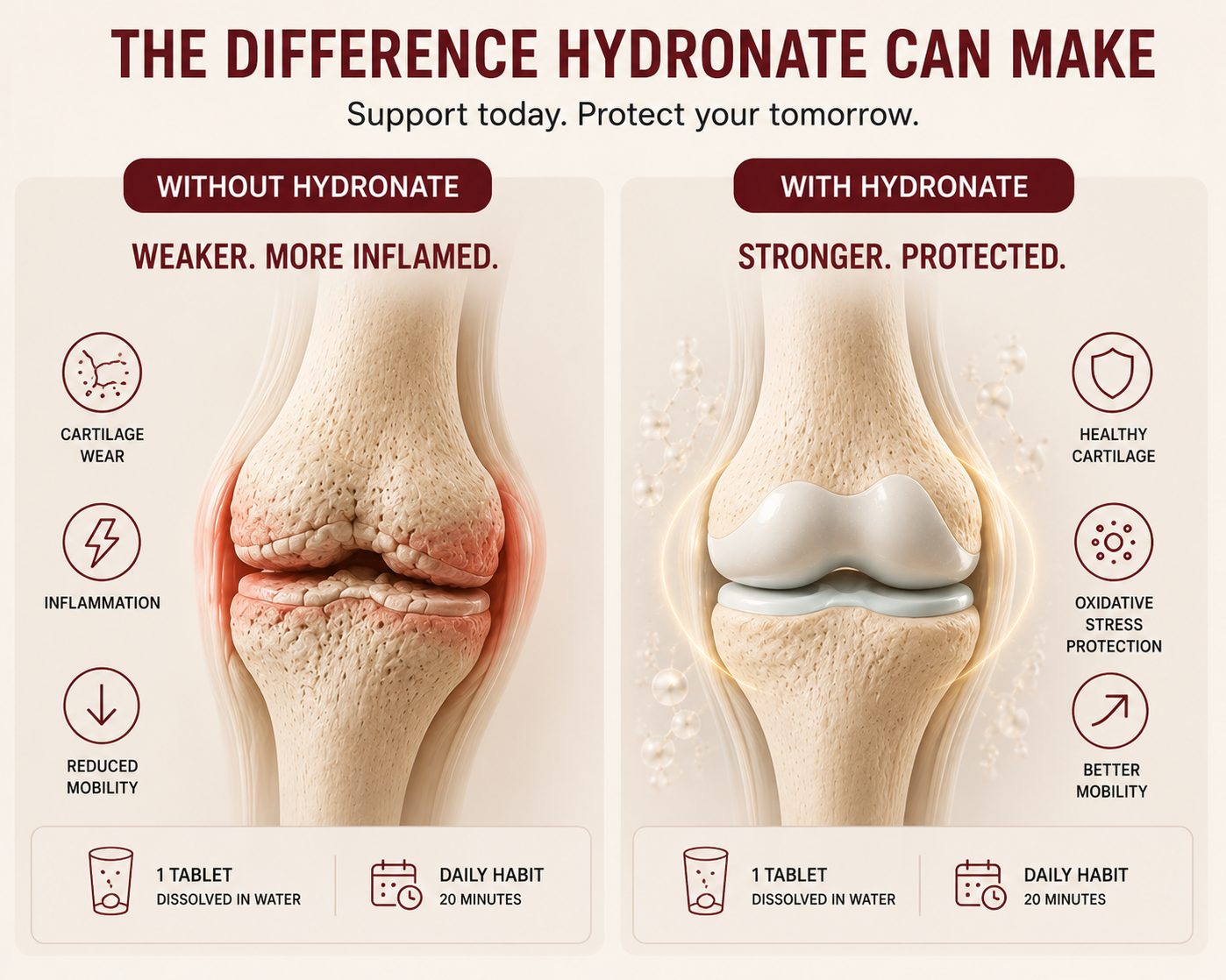 The difference Hydronate can make: without it, cartilage wear, inflammation and reduced mobility; with it, healthy cartilage, oxidative stress protection and better mobility