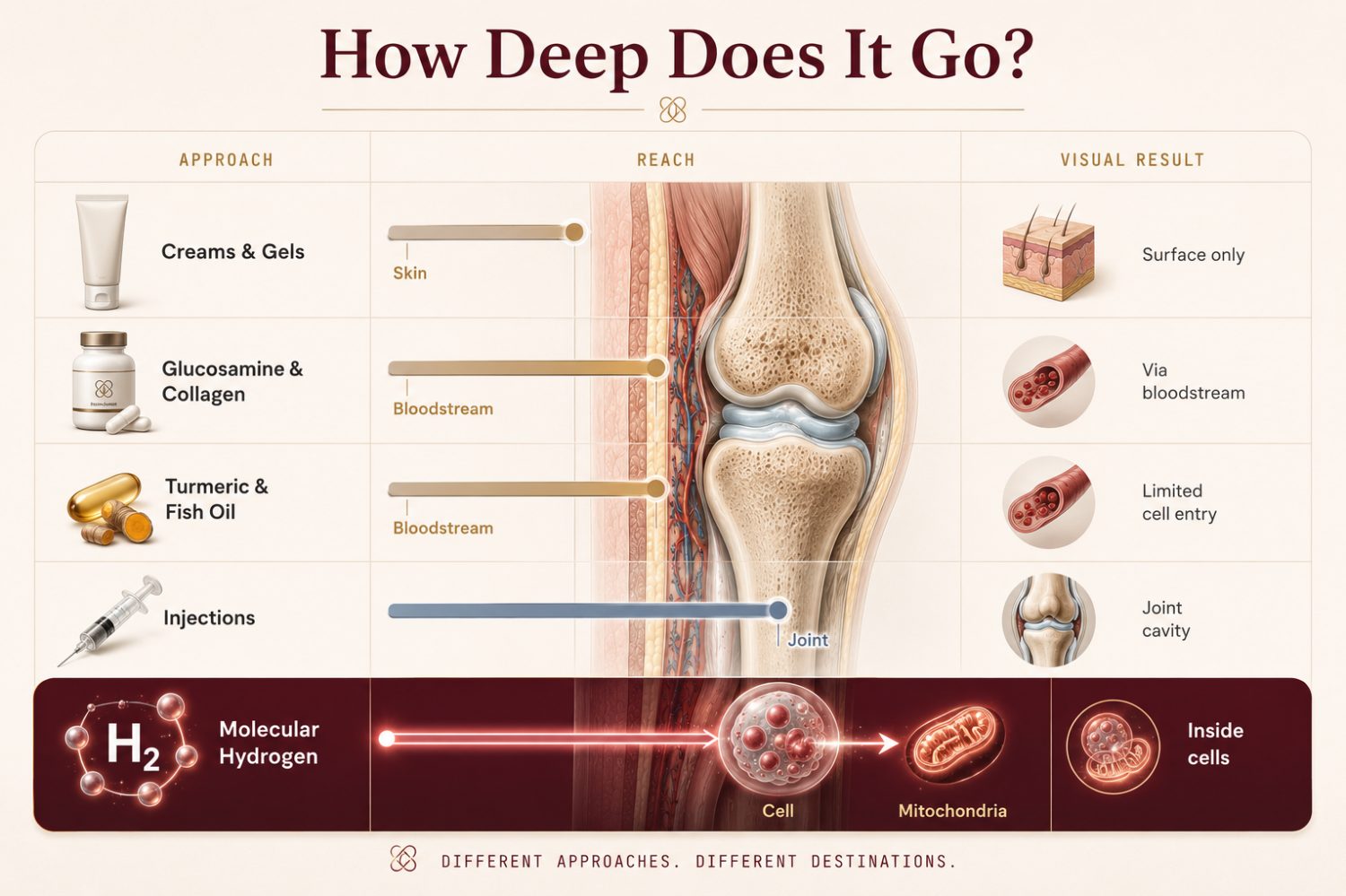 How deep does it go: creams and gels reach the skin, glucosamine and collagen and turmeric reach the bloodstream, injections reach the joint cavity, and molecular hydrogen reaches inside the cells and mitochondria