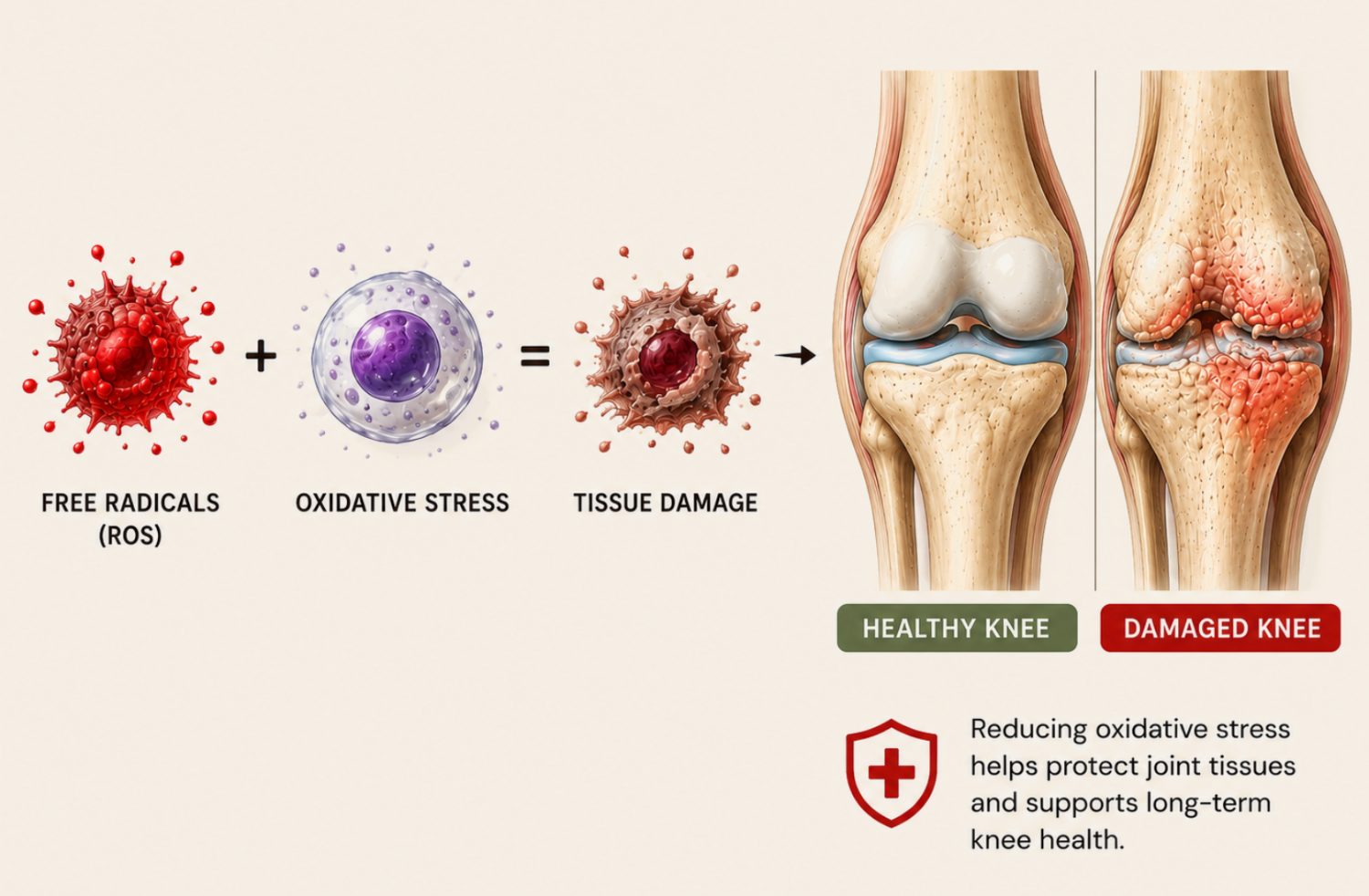 Free radicals plus oxidative stress equals tissue damage, shown alongside a healthy knee and a damaged knee