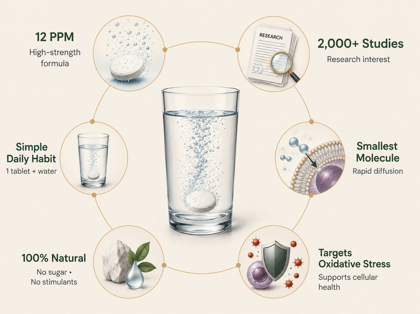 Six reasons: 12 PPM high-strength formula, 2,000+ studies, smallest molecule with rapid diffusion, targets oxidative stress, 100% natural with no sugar or stimulants, and a simple one-tablet daily habit