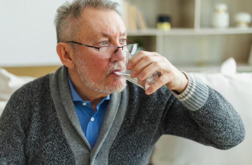 An older adult preparing a Hydronate tablet in a glass of water at a sunny kitchen counter
